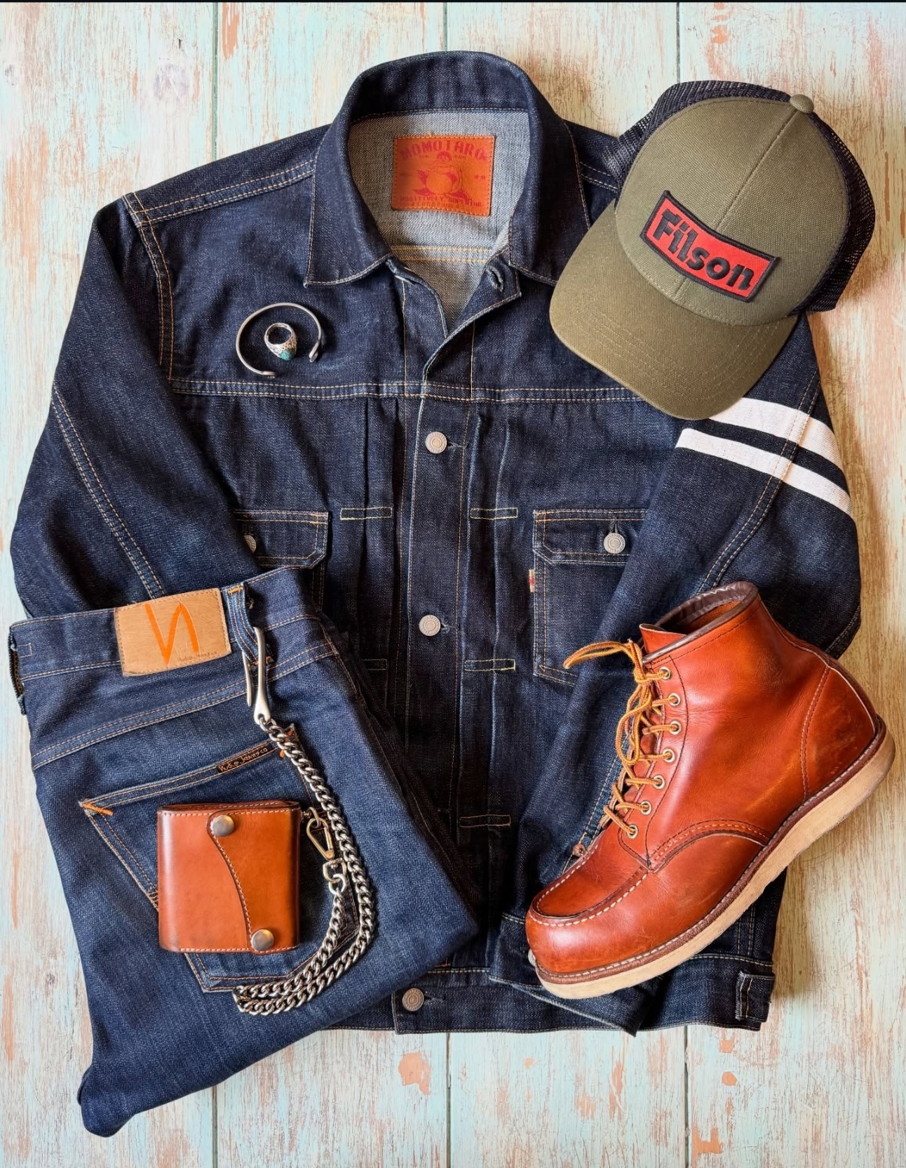 denim flatlay outfit