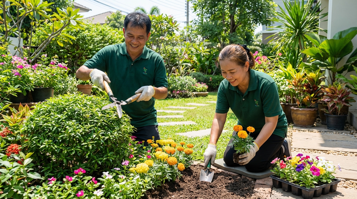 ทีมงานช่างสวนกำลังช่วยกันตัดแต่งกิ่งไม้และจัดสวน