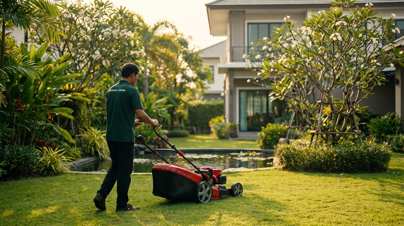 พนักงานมณีกรณ์ การ์เด้น กำลังตัดหญ้าด้วยเครื่องแบบเข็นในสวนบ้าน