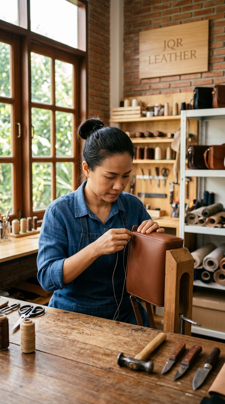 ช่างกำลังเย็บกระเป๋าหนัง