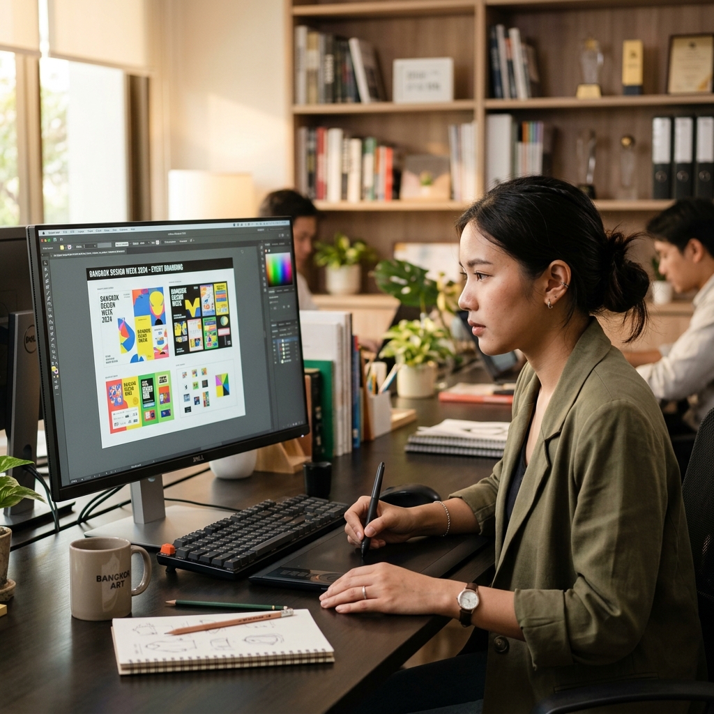 พนักงานกราฟิกกำลังตรวจสอบเอกสารและภาพถ่าย