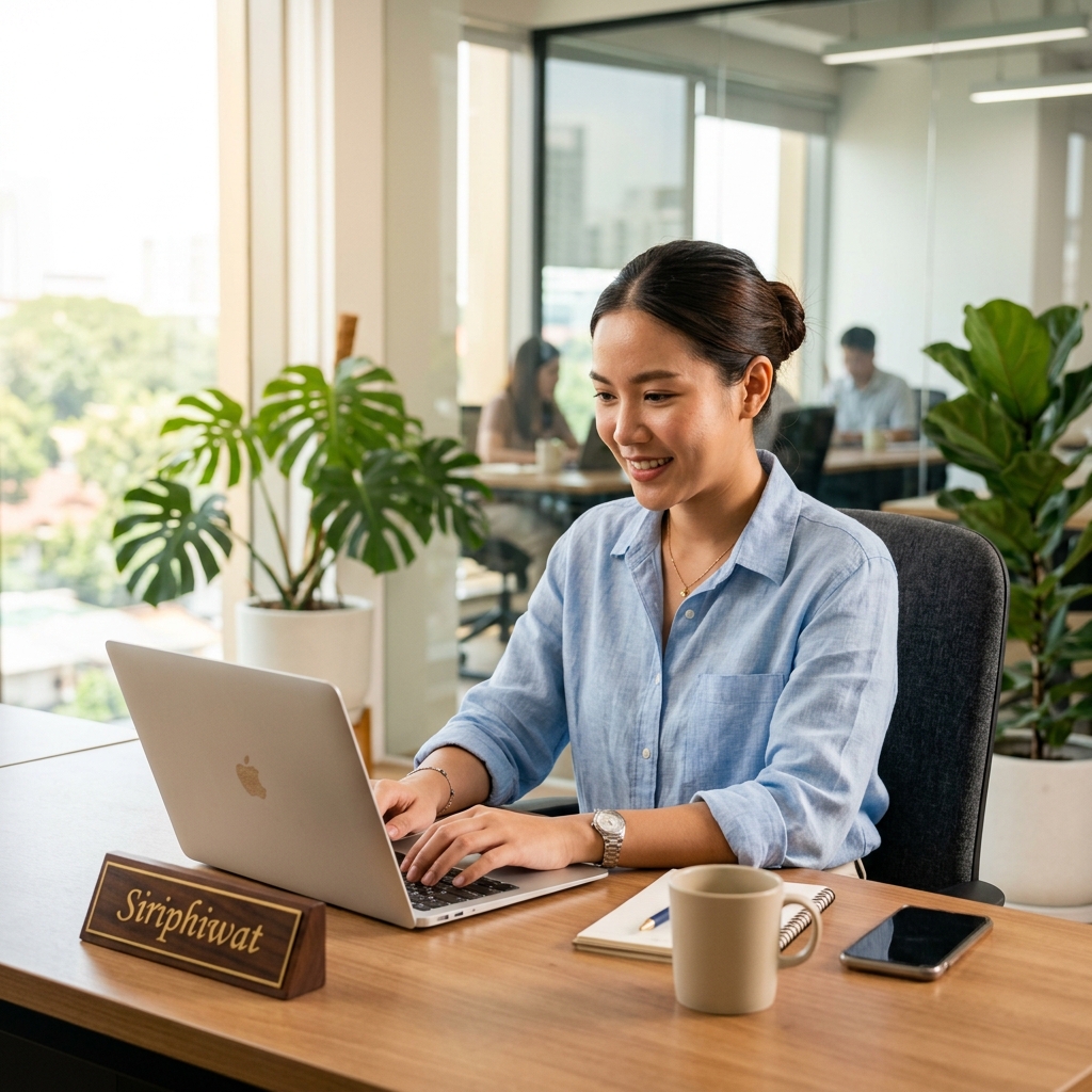 พนักงานหญิงกำลังนั่งพิมพ์งานหน้าคอมพิวเตอร์ในออฟฟิศจริง