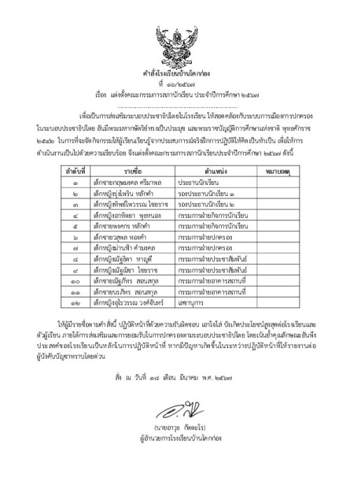 16 2567 แต่งตั้งกรรมการสภานักเรียนปีการศึกษา 2567