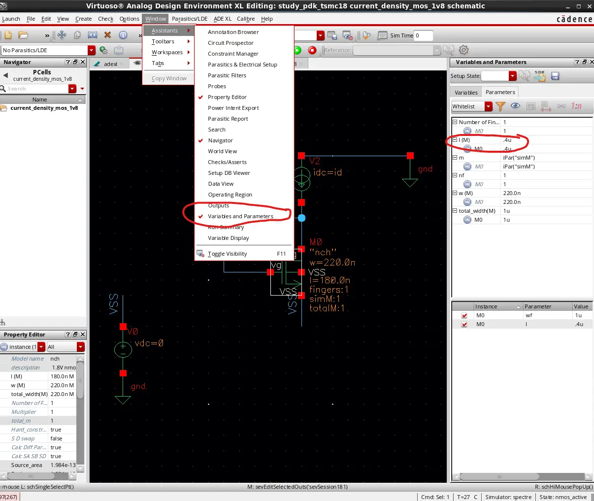 ADE XL เลือกเปิดหน้าวงจร และเลือก Window > Assitants > Variables and Parameters 