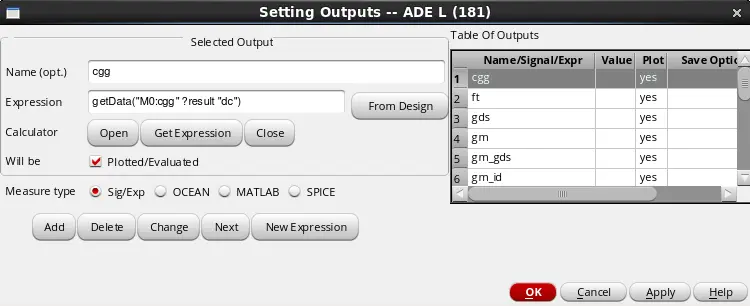 ADE output setup สำหรับ NMOS Characterization