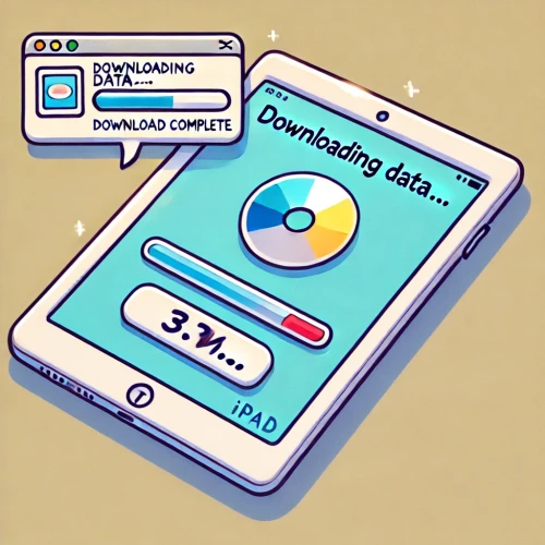 DALLE-2024-10-16-06.06.33---A-cartoon-style-image-of-an-iPad-downloading-data.-The-iPad-screen-shows-a-progress-bar-that-is-nearly-complete-and-above-it-is-a-message-saying-.webp