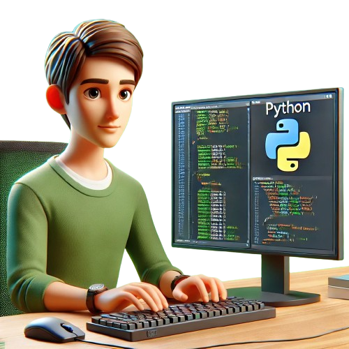 DALL E 2024 10 29 06.00.45 A 3D cartoon of a 25 year old man coding in Python with Python code visib
