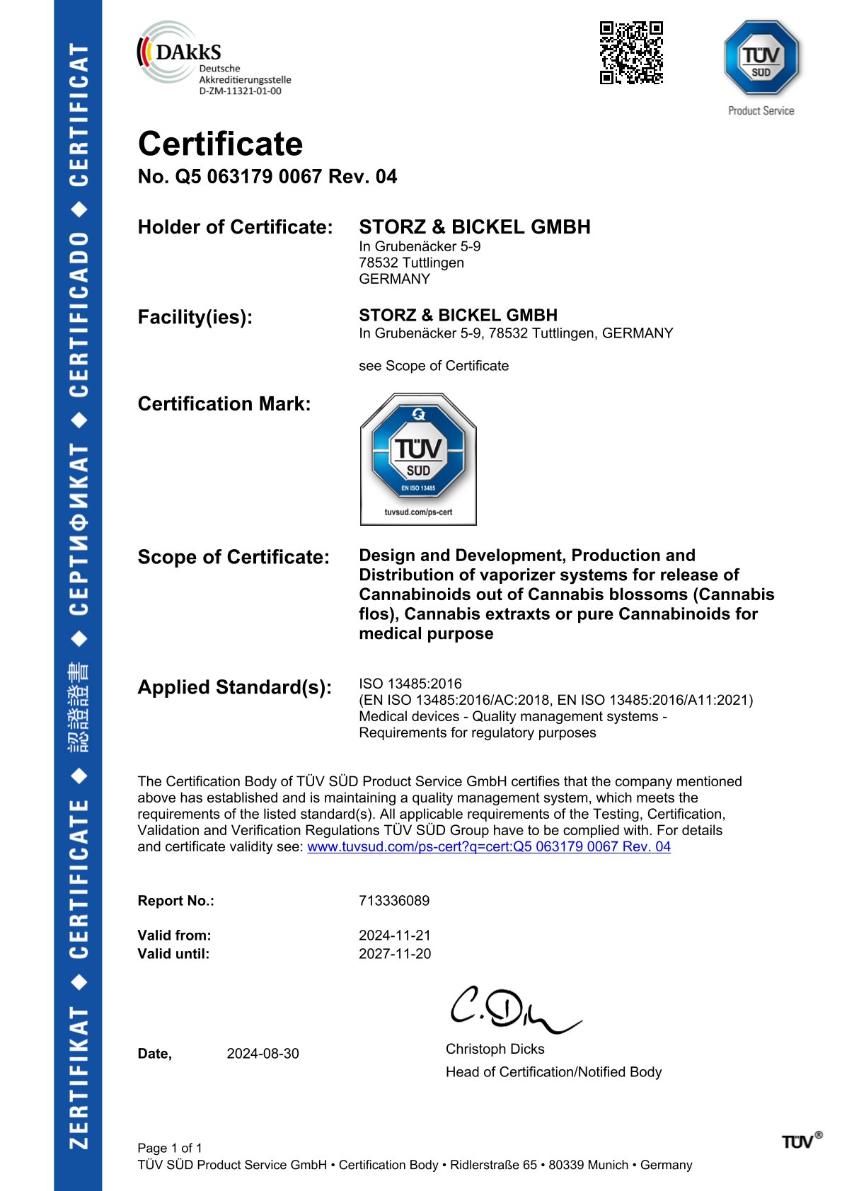 Certificate ISO 13485 for STORZ & BICKEL