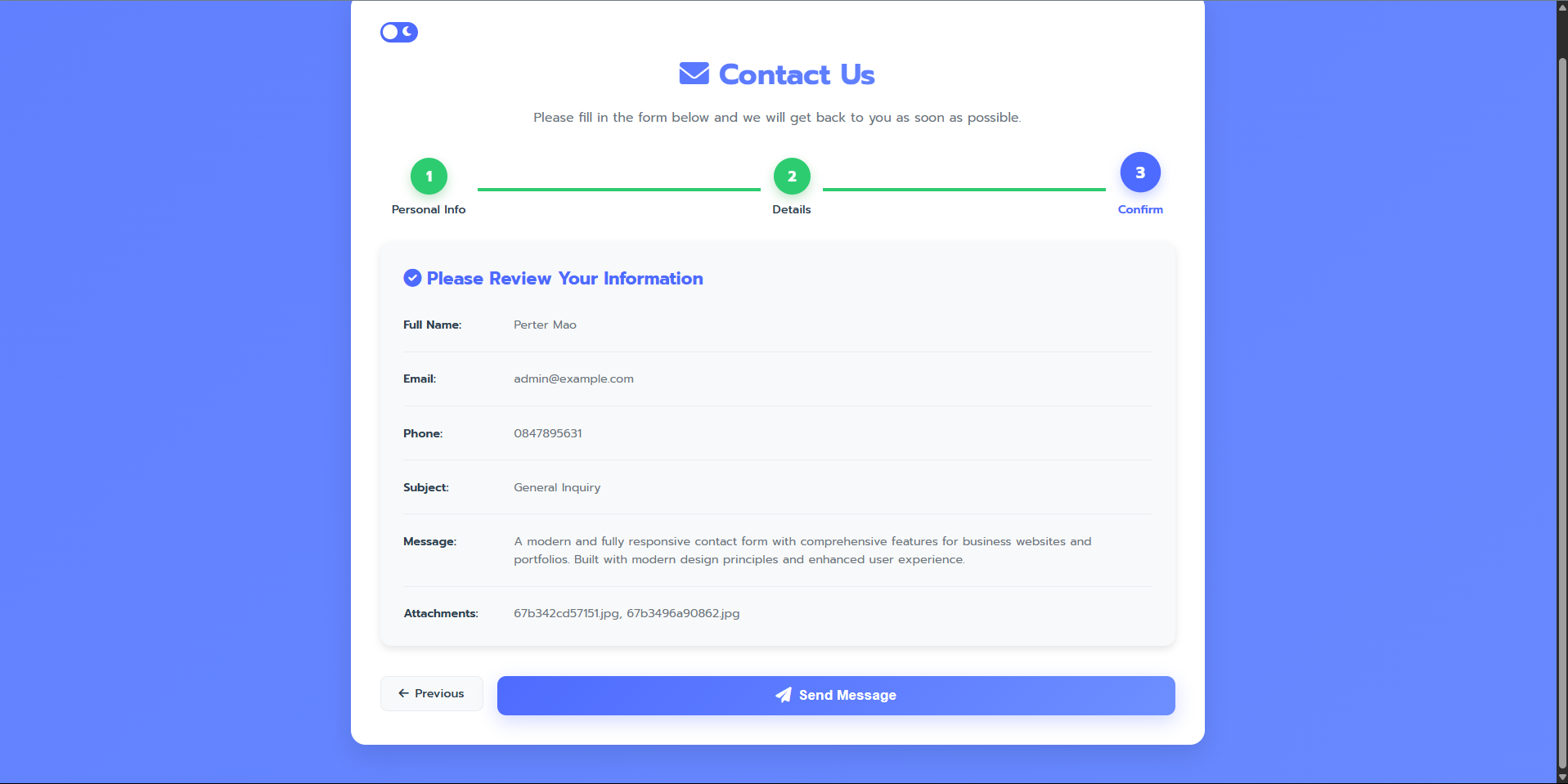 Salapao Form Wizard, Contact, Dark Mode