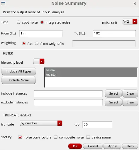 Print Noise Summary เพื่อแสดง Noise contribution จาก Device แต่ละตัวในวงจร