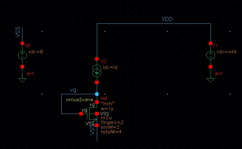 วงจร NMOS Diode Connected ที่ใช้สำหรับ Simulate เพื่อให้ได้ค่า Gm และ Rout