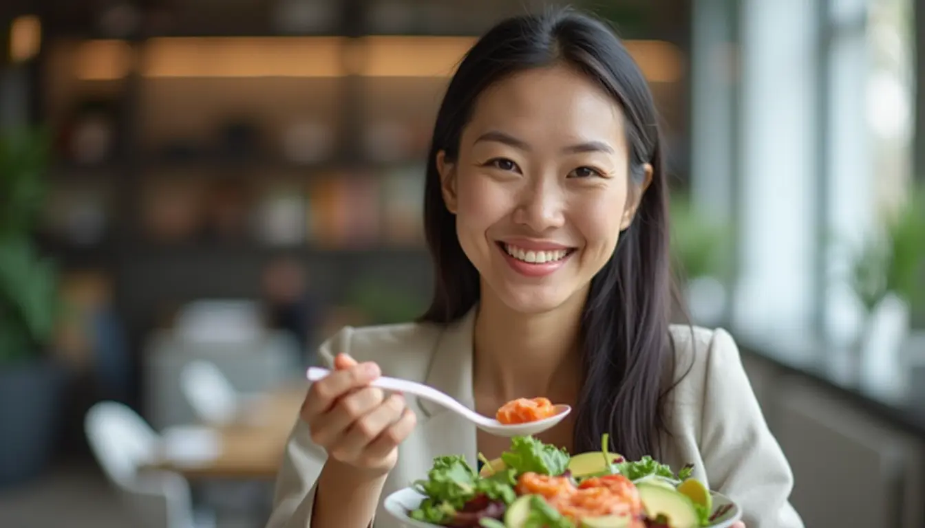 หญิงสาวชาวเอเชียวัยทำงานยิ้มขณะรับประทานสลัดเพื่อสุขภาพสมอง มีปลาแซลมอน อโวคาโด และผักใบเขียว โดยมีฉากหลังเป็นออฟฟิศ