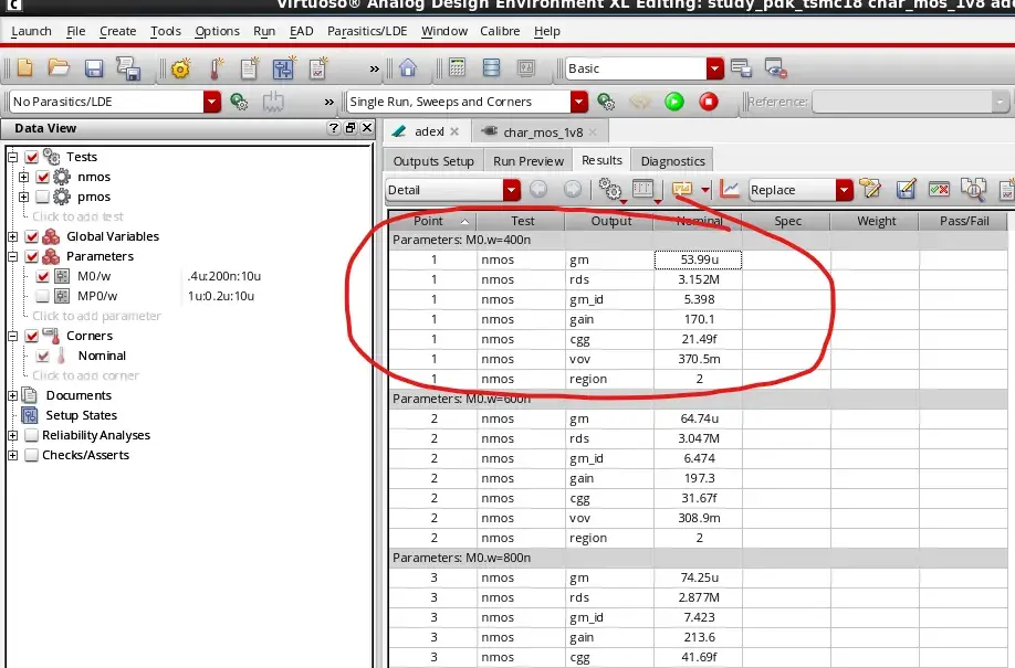 ผล Simulate ของการ Sweep Width ของ NMOS Transistor เพื่อให้ได้ค่า Gm ที่ต้องการ